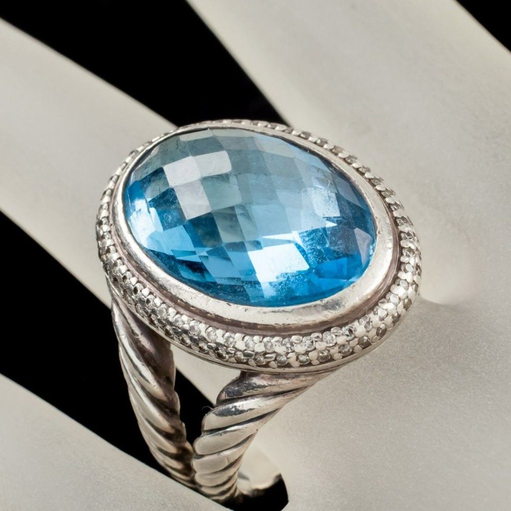 David Yurman Sterling Silver Signature Blue Topaz Ring w/ Diamond Accents Size 6 - Picture 8 of 9